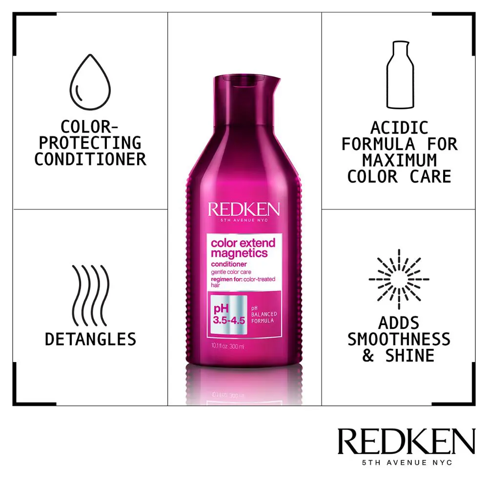 Un après-shampoing doux pour cheveux colorés. Avec un PH balancé de 3.5-4.5. À utiliser en complément avec le shampoing Color Extend Magnetics