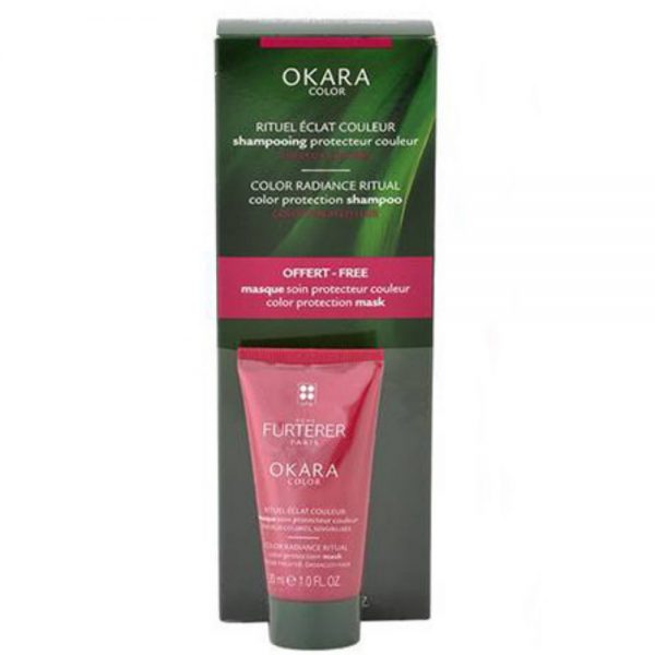 Shampoing sublimateur d'éclat couleur OKARA René Furterer pour cheveux colorés avec masque protection couleur, pour de la brillance et de l'éclat. L'extrait d'Okara favorise la réparation.  