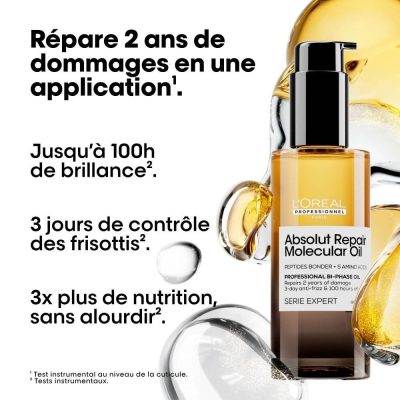 L'Oréal Huile bi-phase Absolut Repair Molecular répare 2 ans de dommages en un geste. Profitez de 100h de brillance et d'un bouclier anti-frisottis pendant 3 jours.